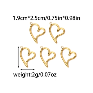 Five 18K gold plated heart charms for DIY jewelry making with dimensions and weight info