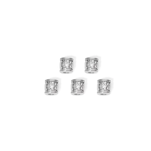 Detailed close-up of five silver cylinder beads with engraved floral pattern