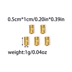 Set of 5 gold cylindrical stainless steel beads with geometric texture, 0.5x1cm size