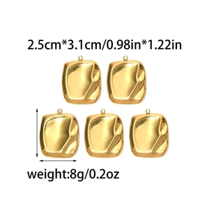 Detailed size view of five square 18K gold stainless steel pendants with rippled texture