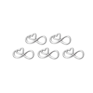 Detailed view of five silver infinity heart charms for DIY jewelry making accessories