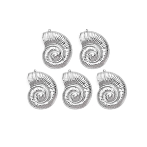 Detailed view of five silver stainless steel spiral seashell charms for DIY jewelry making