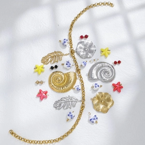 18K Gold Plated Stainless Steel Starfish Conch Feather Charms Ceramic Blue and White Porcelain Pendants for DIY Jewelry Making