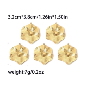 Detailed view of five gold flower pendants with radial texture and 3.2cm size