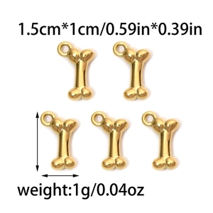 Detailed view of five bone-shaped 18K gold plated stainless steel charms with dimensions