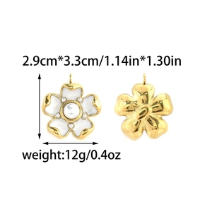 Front and back view of white enamel flower pendant with pearl accents and gold finish