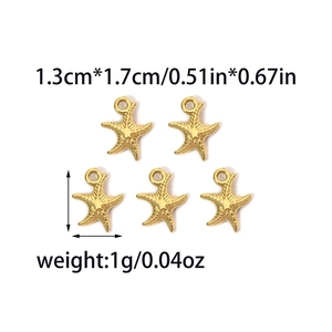 Detailed view of 5-piece gold starfish charms with precise size and weight measurements