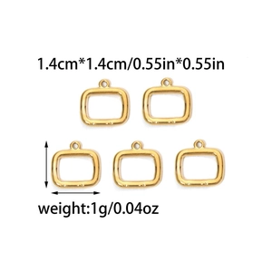 Five golden square stainless steel pendants with rounded corners and hanging loops