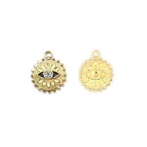 Detail der 18K vergoldeten Edelstahl Evil Eye Anhänger mit Vorder- und Rückansicht