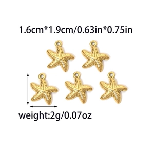 Detailed view of five 18K gold-plated starfish charms with embossed texture for DIY jewelry