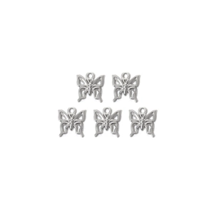Detail view of five silver butterfly charms for DIY jewelry making and crafting