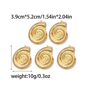 Detailed view of 5-piece gold sea snail pendants with spiral textures and dimensions