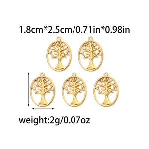 Five gold oval Tree of Life charms with dimensions 1.8cm x 2.5cm and polished finish