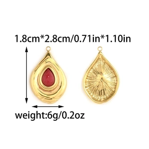 Detailed front and back view of 18K gold stainless steel drop pendant with red stone inlay