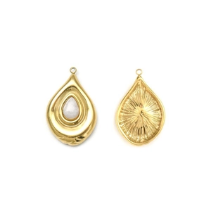 Detailed front and back view of 18K gold plated teardrop charms with natural white stone