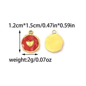 Detail of red enamel heart pendant with dimensions showing front and back view