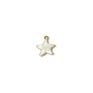 Detail of star-shaped enamel pendant with white pearlescent finish and golden metal trim