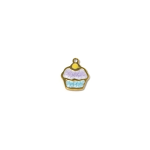 Detailed view of cupcake-shaped enamel pendant with golden trim for DIY jewelry