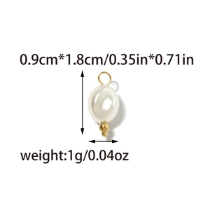 Detailed view of white pearl pendant with gold loop and base measuring 0.9 by 1.8 cm