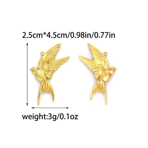 Golden stainless steel swallow bird pendants with feather detail, 2.5cm x 4.5cm bird charms