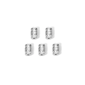 Five pieces of cylindrical 304 stainless steel spacer beads with engraved geometric patterns