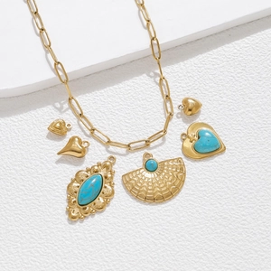 Bohemian Stainless Steel Turquoise Pendant Heart Fan Shape For DIY Necklace Sweater Chain Jewelry Making Accessories