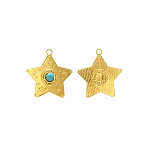 Pendente a stella vintage dorato con intarsio in turchese e retro strutturato