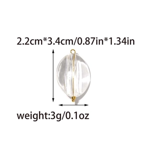 Detailed view of clear ribbed acrylic pendant bead with gold metal pin and size dimensions