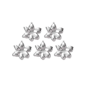 Detailed view of 5-piece set of silver flower charms with polished mirror finish for DIY jewelry