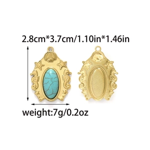 Pendentif océan rétro en acier inoxydable avec turquoise, coquillage et hippocampe