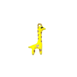Simpatico ciondolo a giraffa gialla in acciaio inox con macchie marroni e cuore rosa