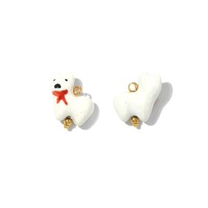 Handcrafted white ceramic puppy charms with red scarves and golden metal hooks