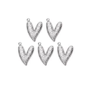 Five heart-shaped stainless steel pendants with textured molten silver finish on white background