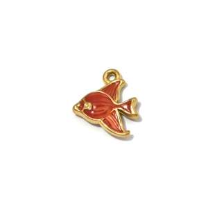 Goldener Edelstahl Tropenfisch Anhänger mit orangefarbener Emaille für DIY Schmuck