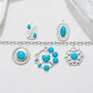 Vintage Stainless Steel Turquoise Inlay Heart Geometric Pendant For DIY Necklace Sweater Chain Ethnic Jewelry Accessory Women