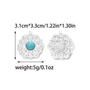 Detail of silver floral pendants with turquoise inlay including exact dimensions and weight