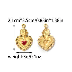 Golden heart charms with flame design and red enamel inlay for DIY jewelry making