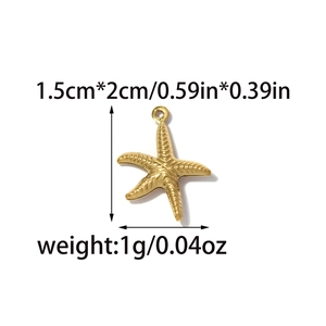 Golden starfish jewelry charm with textured surface and size details 1.5cm by 2cm