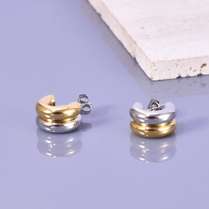 Two-tone C-shaped stainless steel earrings with dual-circle design and polished finish