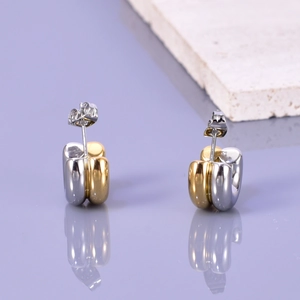 Two-tone C-shape stainless steel earrings in gold and silver finish with high-polish