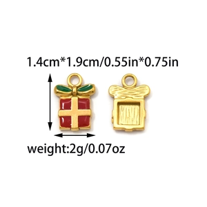 Christmas gift box enamel pendant in red and gold finish showing front and back views
