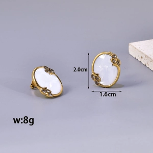 Oval 18K gold earrings with white shell inlay and champagne crystal leaves, size 2.0x1.6cm