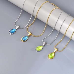 Franse Traan Hanger Halsketting Titaniumstaal 18K Verguld Blauw Groen Hars Kattenoog Steen Slangenketting Sieraden Voor Vrouwen
