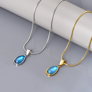 Franse stijl roestvrijstalen ketting met doorschijnende blauwe waterdruppel hangers in goud en zilver