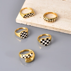 18K Vergoldeter Edelstahl Schachbrett Emaille Herz Rund Oval Siegelring Vintage Geometrischer Bandring Schmuck Für Damen