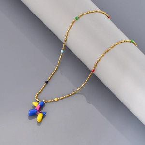 Exquisite gold stainless steel balloon dog pendant necklace with colorful beads