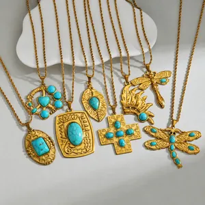 Vintage 18K Gold Plated Stainless Steel Turquoise Pendant Necklace For Women Dragonfly Feather Cross Boho Ethnic Jewelry Gift