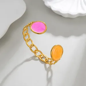 Stainless Steel Enamel Chain Link Open Bangle For Women 18K Gold Plated Pink Orange Oval Decor Luxury Fashion Jewelry Bracelet
