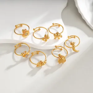 Fashion Gold Plated Stainless Steel Adjustable Open Ring For Women Bohemian Animal Sun Star Pendant Charm Finger Ring