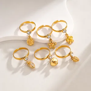 18K Gold Plated Stainless Steel Adjustable Open Ring Dainty Flower Fruit Pendant Rhinestone Fashion Jewelry For Women